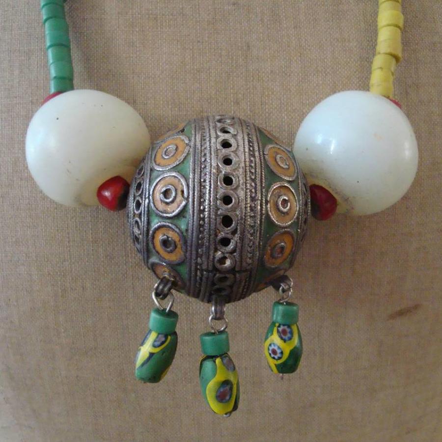 Green and Yellow  glass beaded African 19th c Necklace