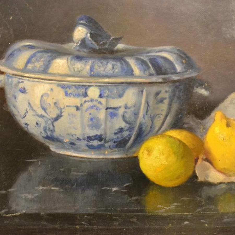French Still Life, Blue and White Tureen, Signed and Dated
