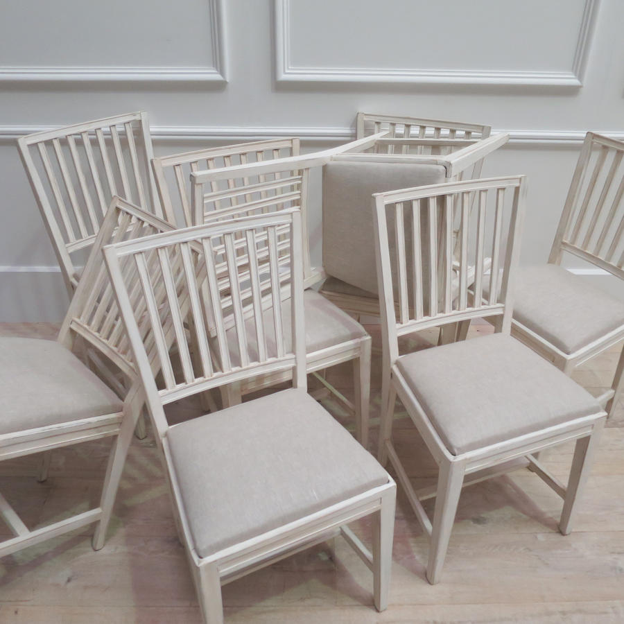 Set of 10 Swedish Dining Chairs with antique linen seats - circa 1950