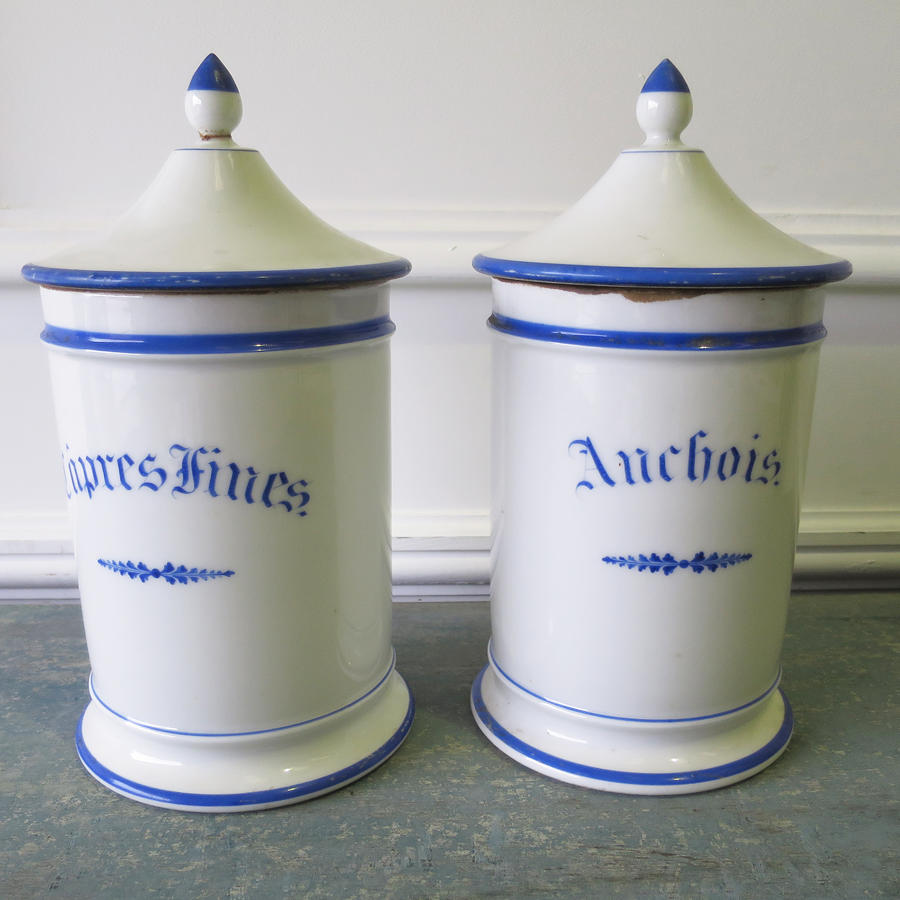 Pair French 19th c White Porcelain Spice Jars