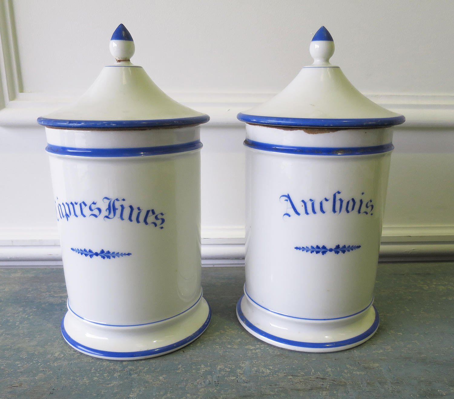 Pair French 19th c White Porcelain Spice Jars