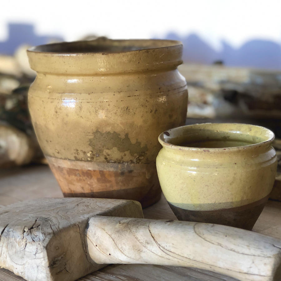 2 small barrel shaped Yellow Jars - circa 1900