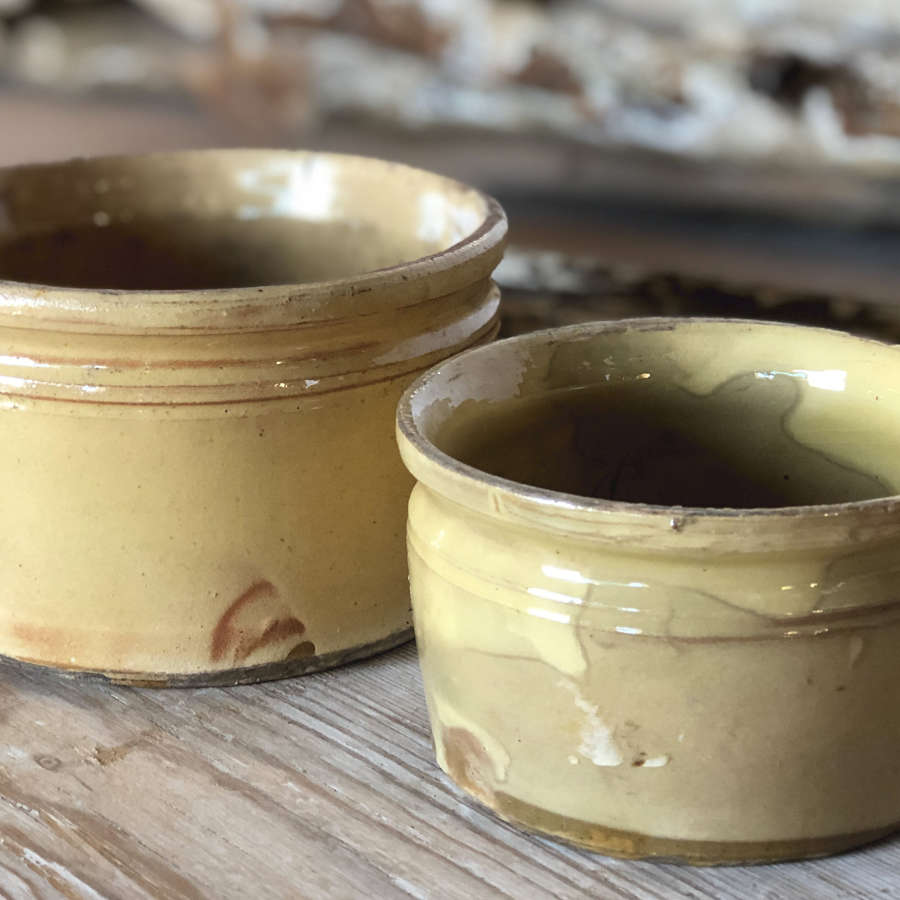 2 Small flat French yellow glazed Pate Jars - circa 1900