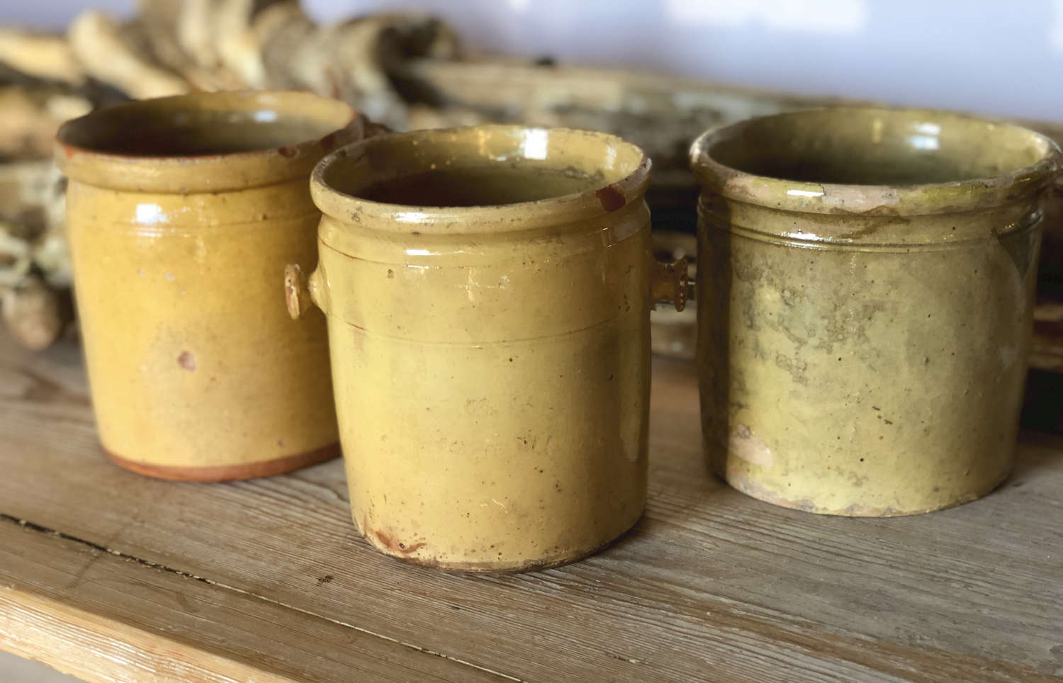 3 French Yellow Glazed Jars with handles - circa 1830