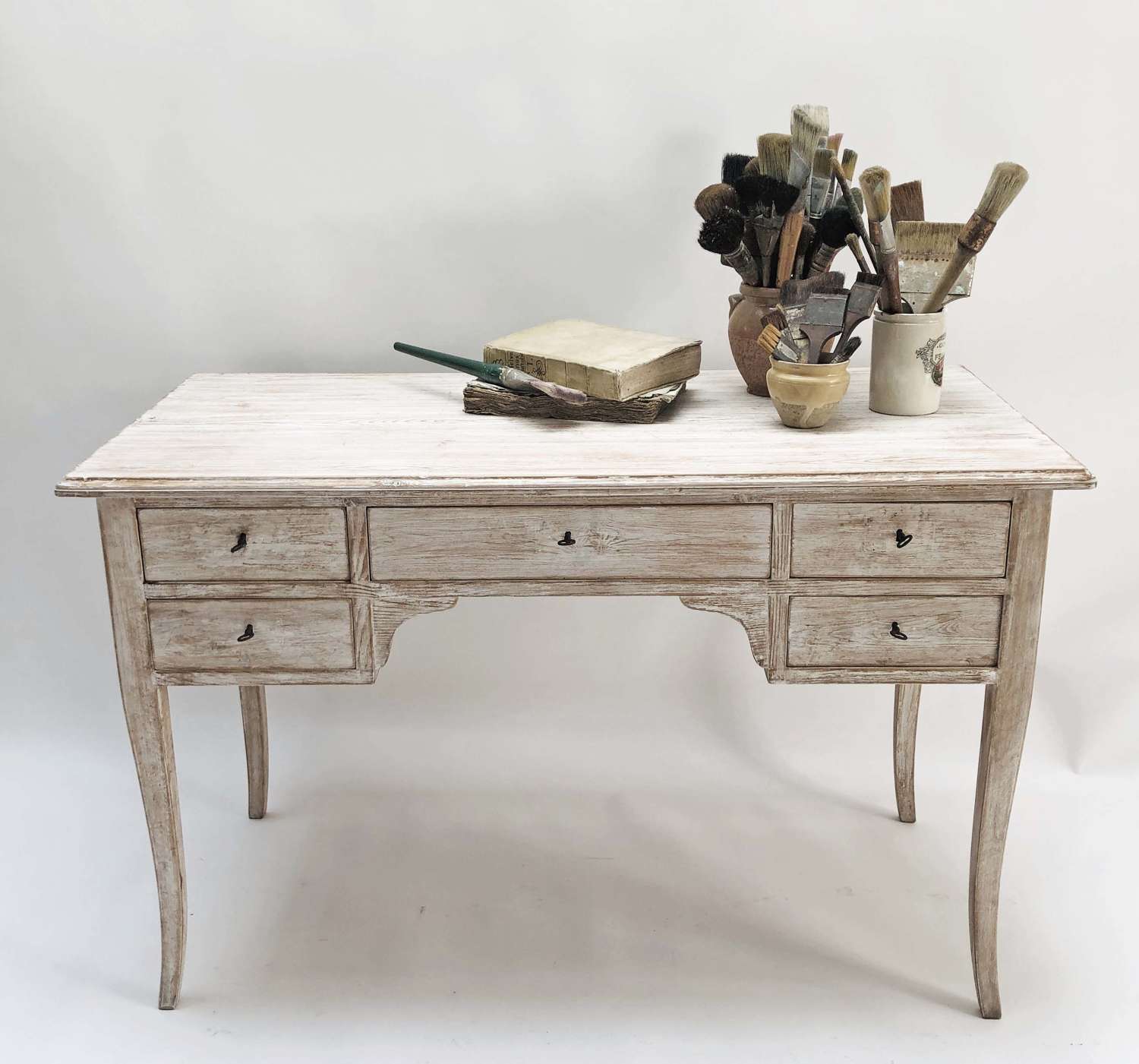 20th c Swedish Pine Desk with Lime Wash