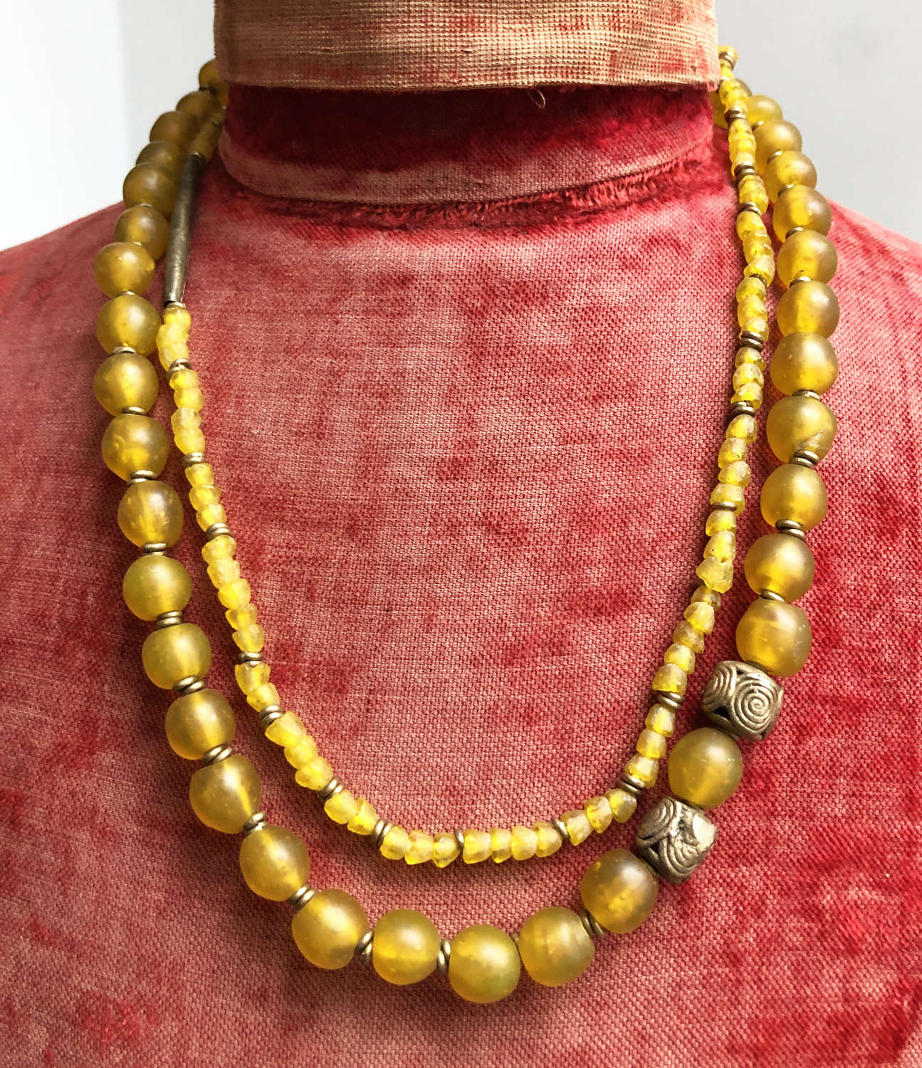 Unusual Old Yellow Glass Beads with brass details