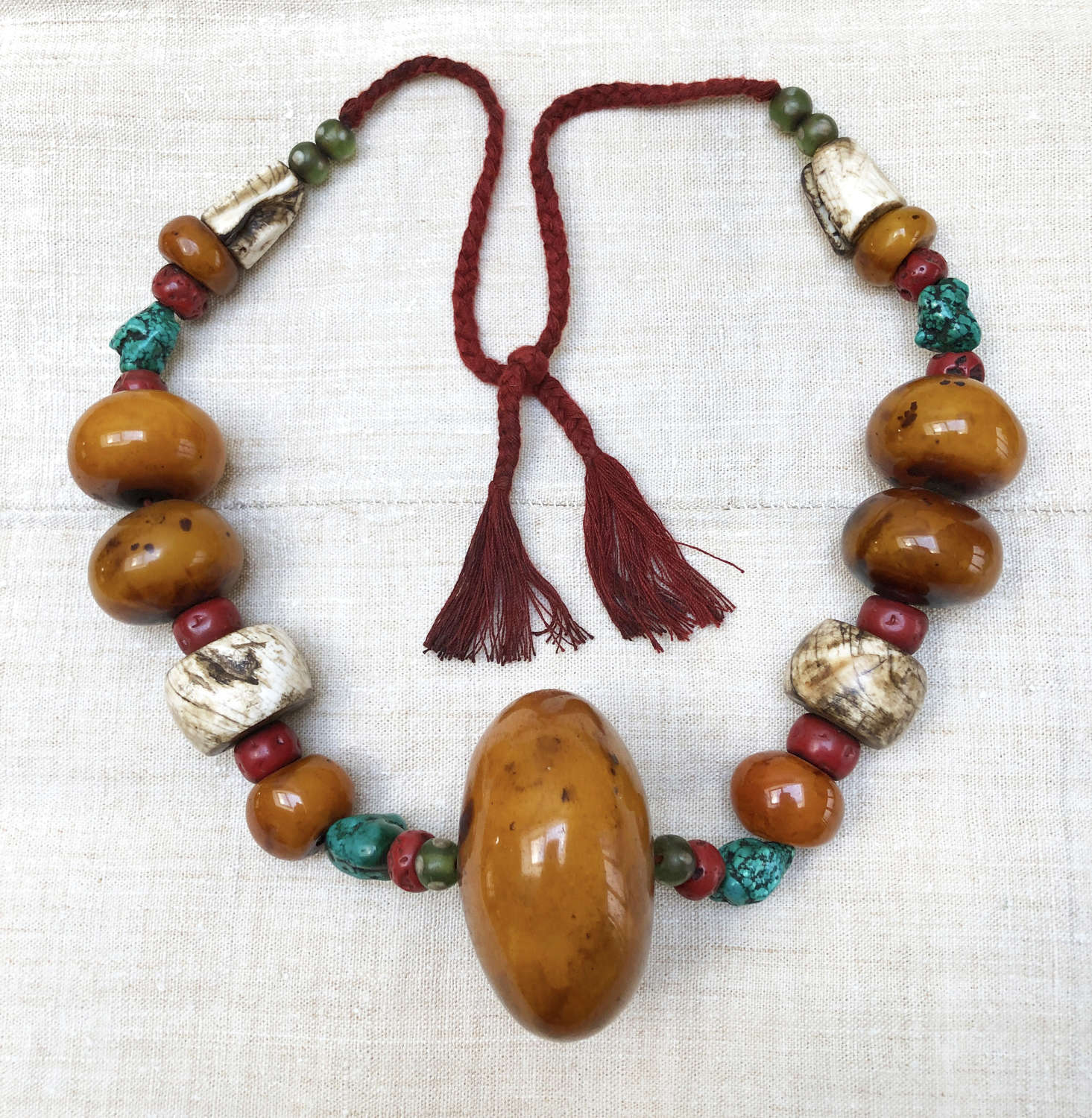 Nepalese Amber, Turquoise and Coral Necklace - c 1880