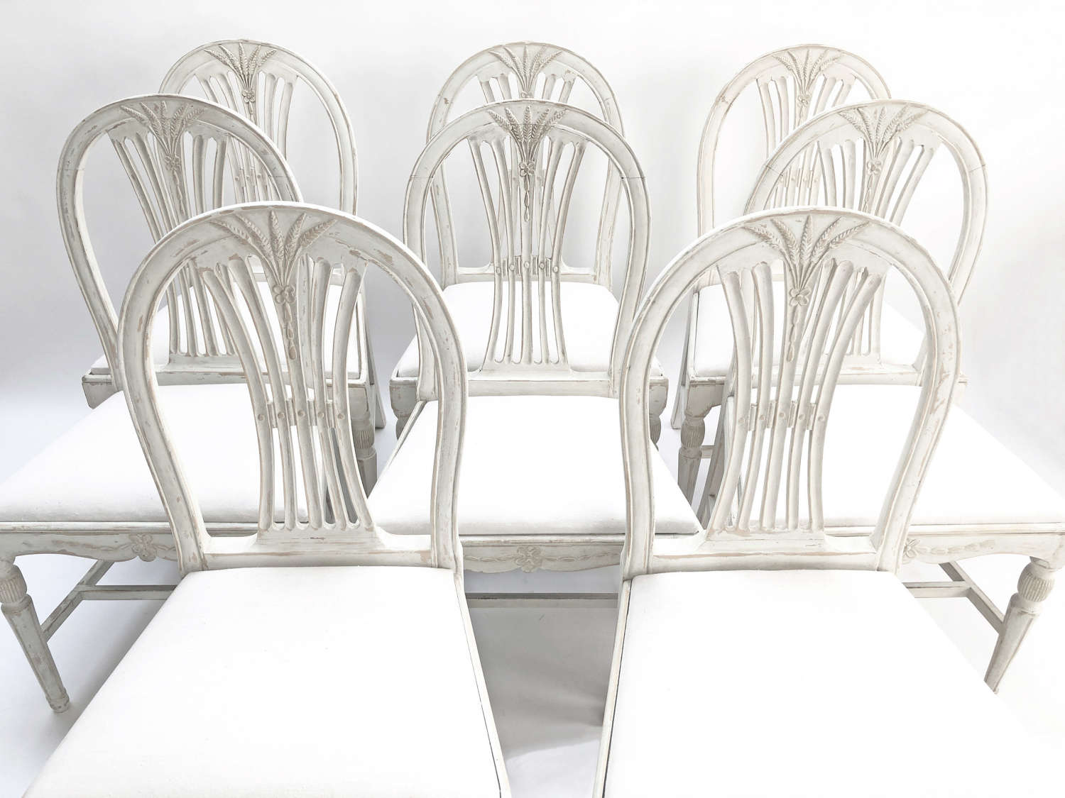 Set of 8 19th c Swedish Dining Chairs with Wheat Sheath motif c 1890