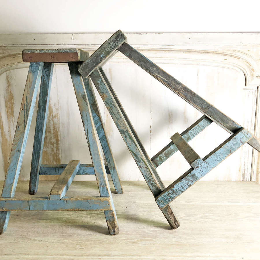 Pair of old French Painters' Trestles with blue paint - circa 1920