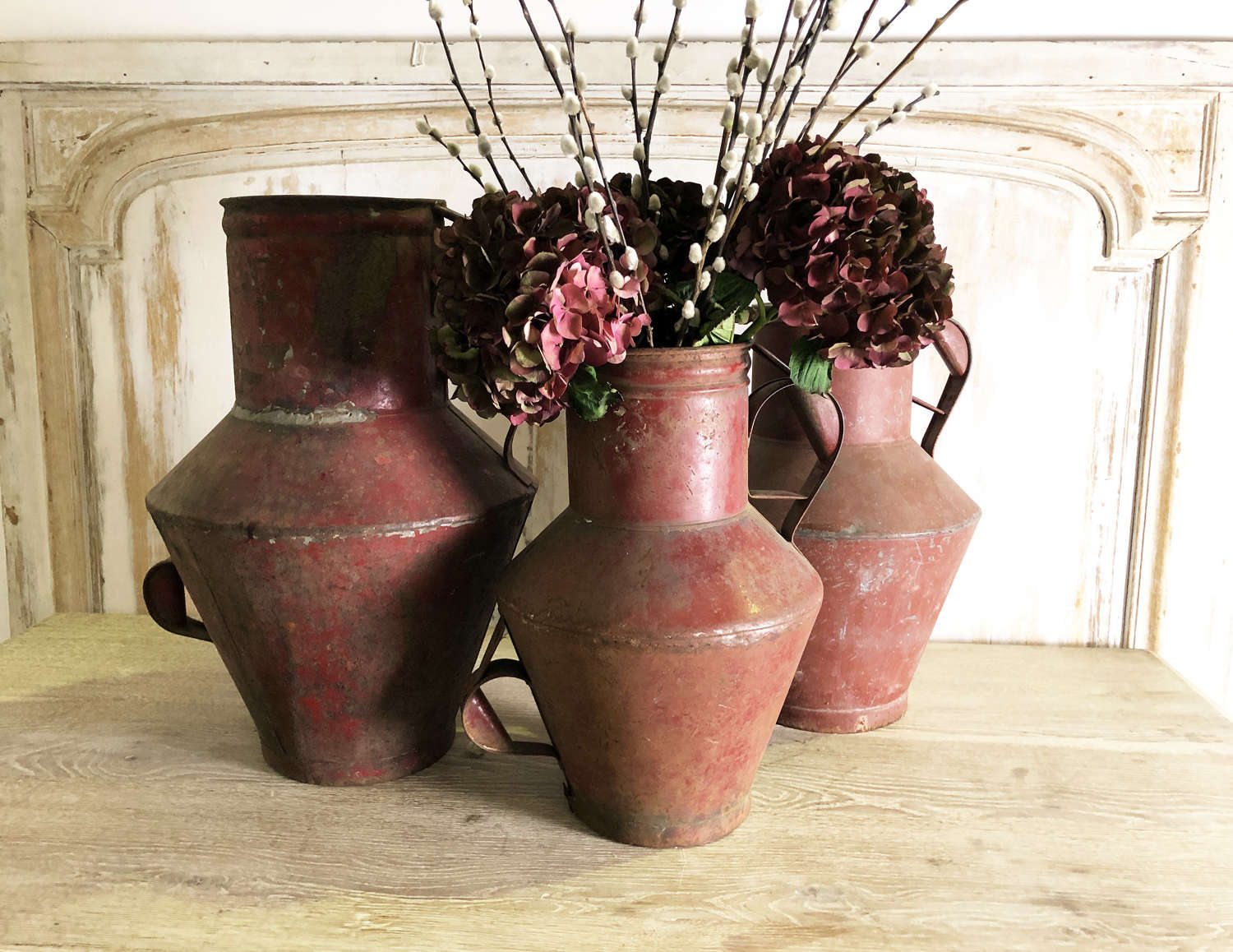 3 French Zinc Pitchers with original red paint - circa 1880