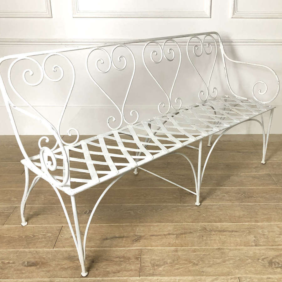 French 19th c White wrought iron Garden Seat with lattice iron seat