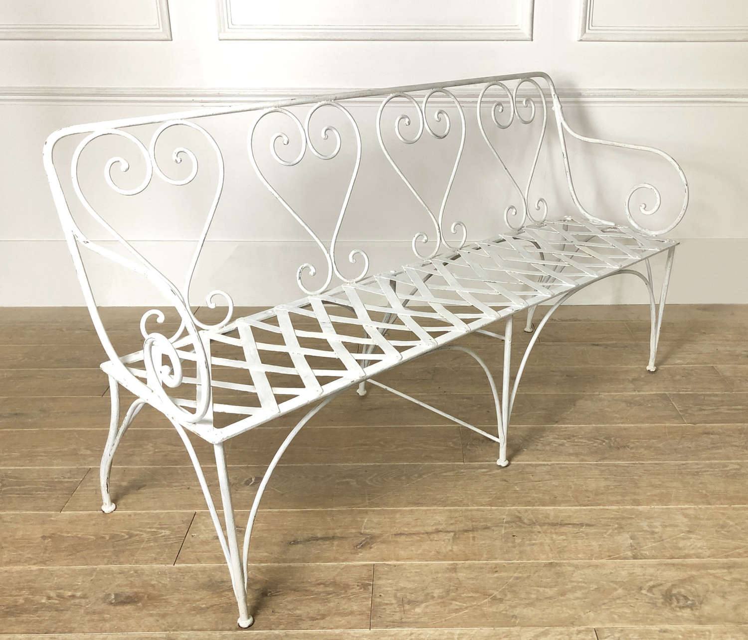 French 19th c White wrought iron Garden Seat with lattice iron seat