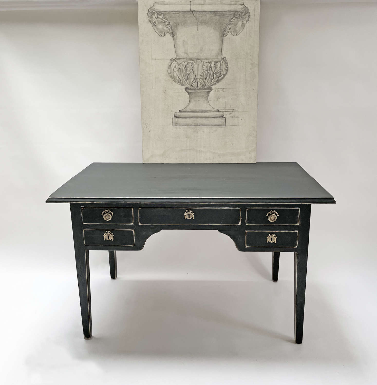 19th c Swedish Black Desk with 5 Drawers - circa 1880