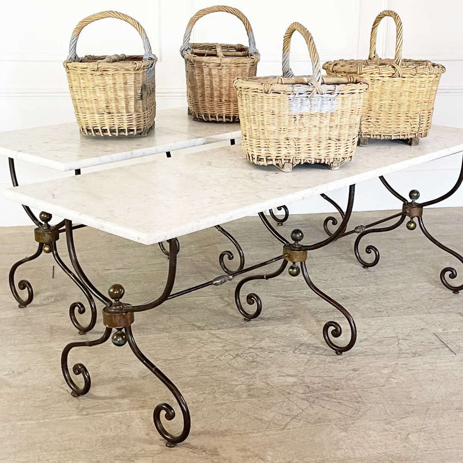 Pair of French Wrought iron Tables with Carrara Marble Tops-circa 1860