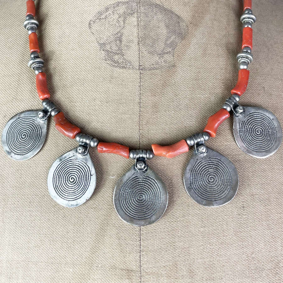 Coral and Silver Necklace with Arabian amulets