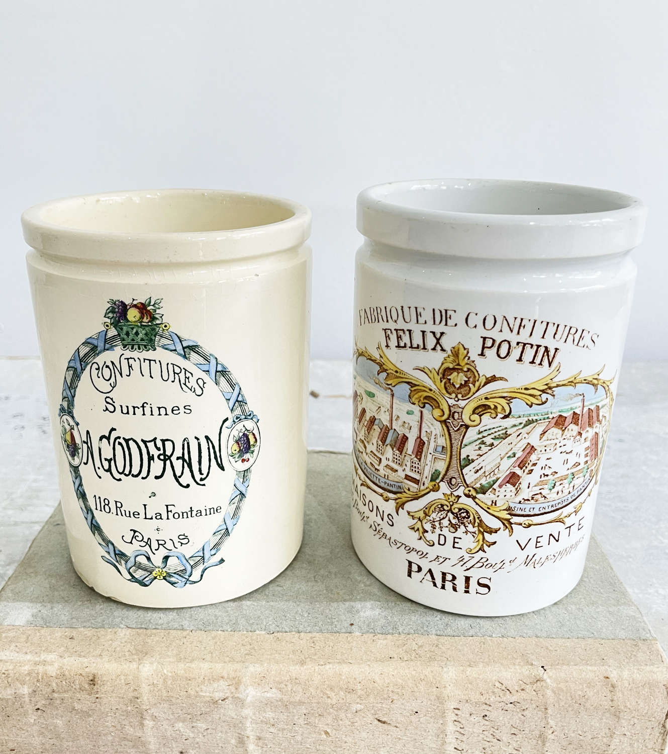 2 x 19th c French porcelain Jam Jars - Felix Potin - circa 1900
