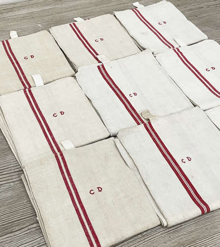 Bundle of 9 French Linen T-Towels - circa 1940