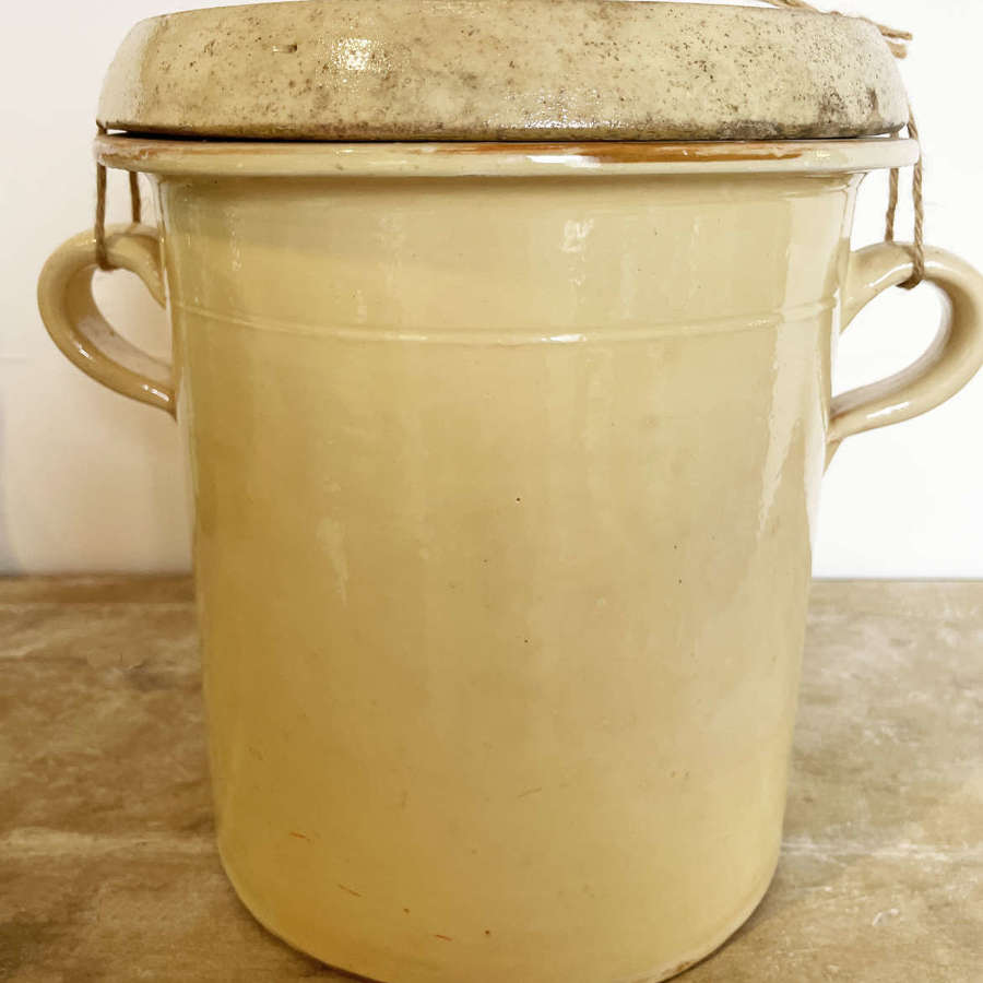 Large French 19th c Lidded Yellow Glazed Confit Jar