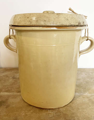 Large French 19th c Lidded Yellow Glazed Confit Jar