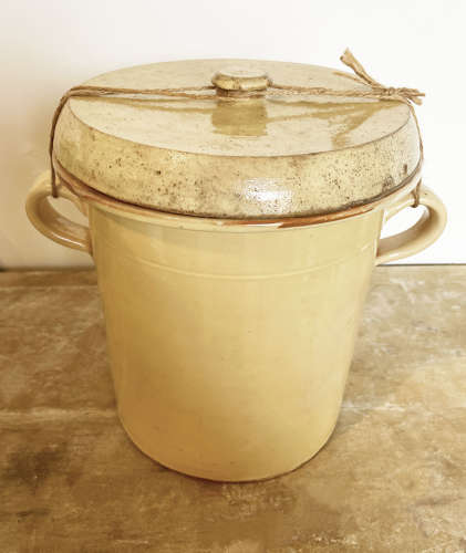 Large French 19th c Lidded Yellow Glazed Confit Jar