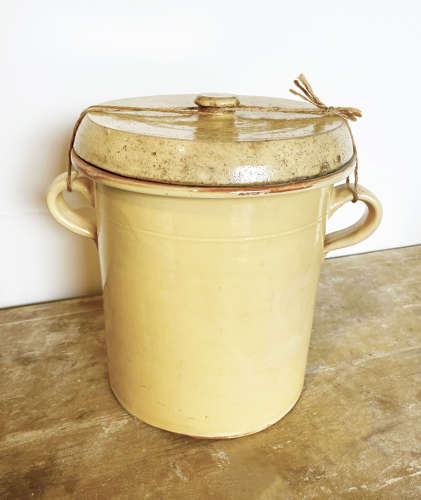 Large French 19th c Lidded Yellow Glazed Confit Jar