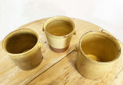 3 large 19th c French terracotta yellow Jars - c 1880