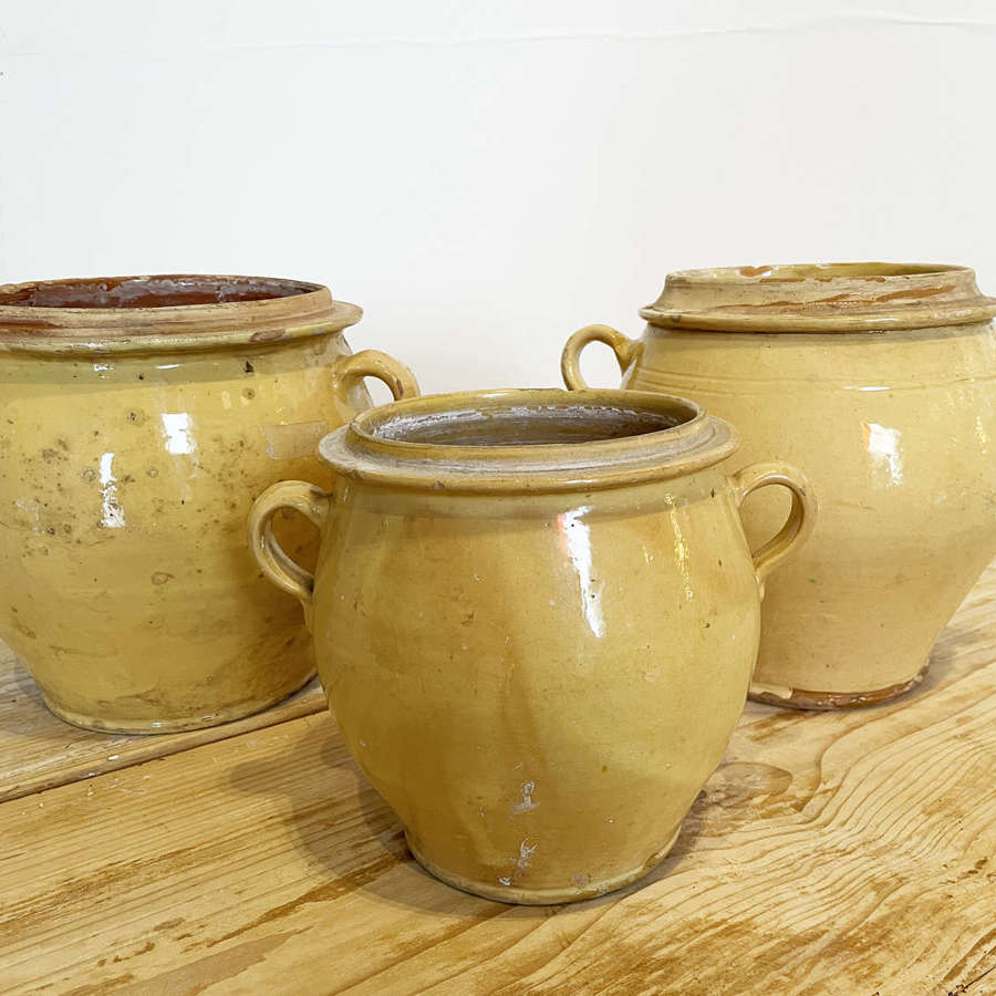 3 medium round French terracotta yellow Jars - c 1880