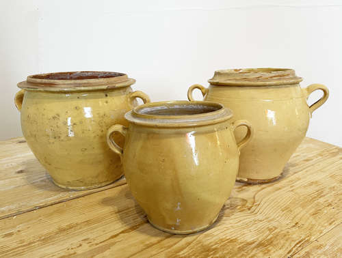 3 medium round French terracotta yellow Jars - c 1880