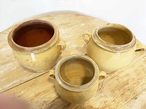 3 medium round French terracotta yellow Jars - c 1880