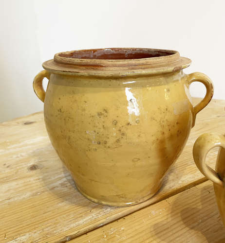 3 medium round French terracotta yellow Jars - c 1880