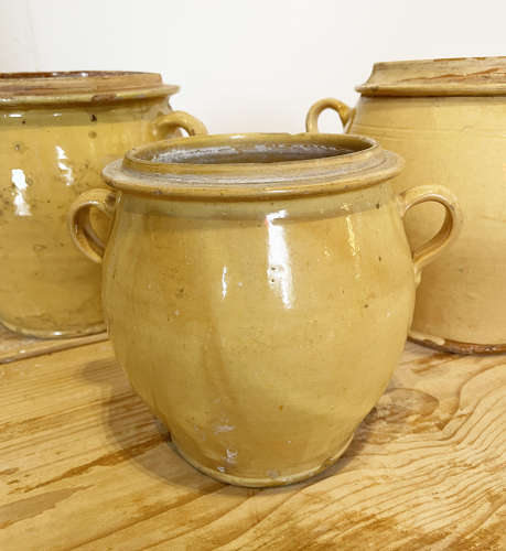 3 medium round French terracotta yellow Jars - c 1880