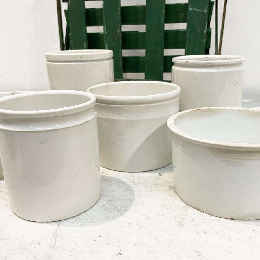 6 Medium French white porcelain food Jars - c 1900