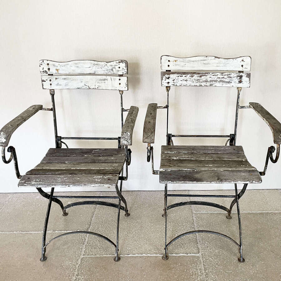 Pr. of French Iron Slatted Folding Armchairs