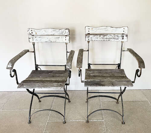 Pr. of French Iron Slatted Folding Armchairs