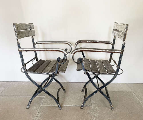 Pr. of French Iron Slatted Folding Armchairs