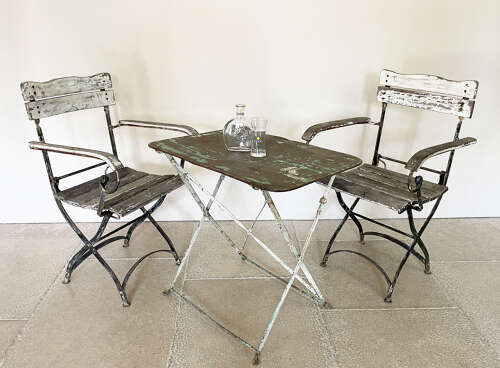Pr. of French Iron Slatted Folding Armchairs