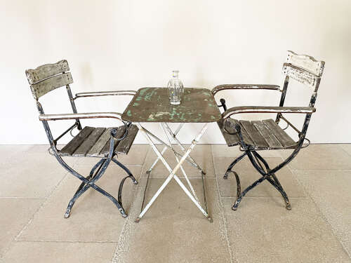Pr. of French Iron Slatted Folding Armchairs